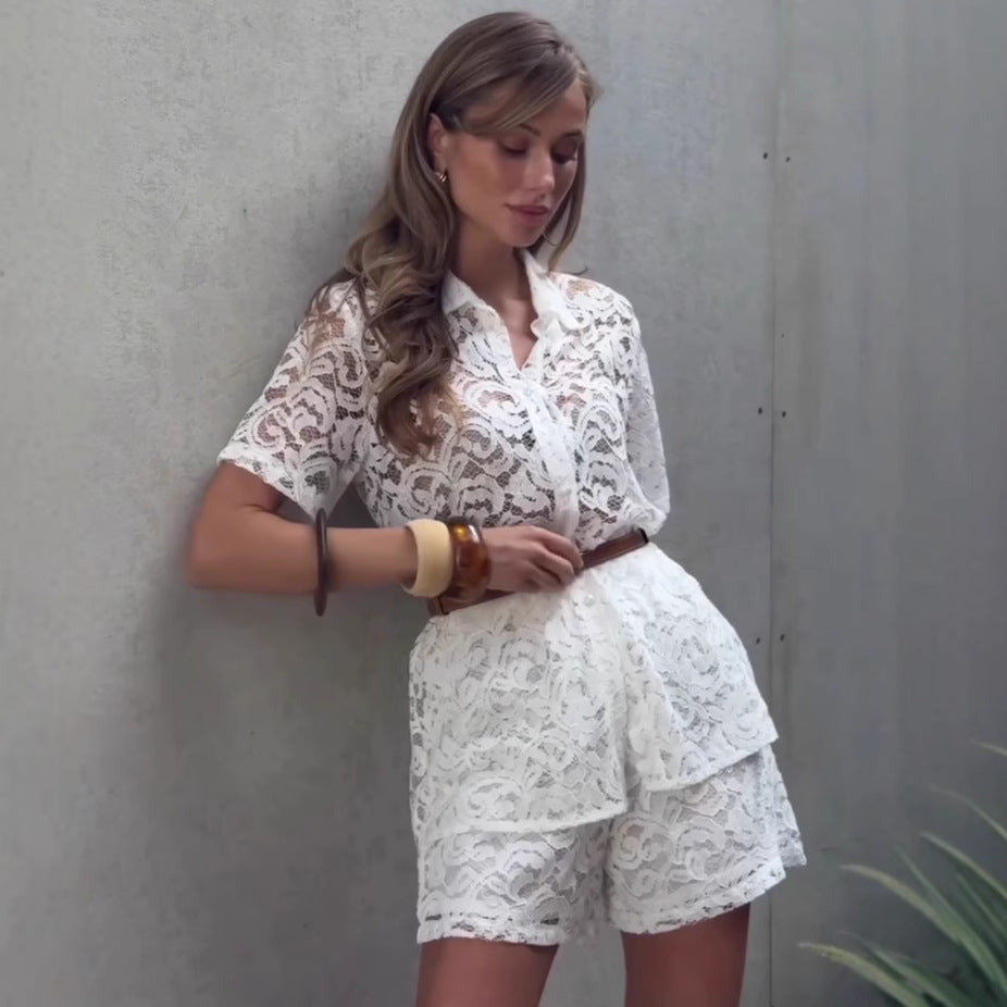 Damer Elegant og luftigt spidsetop- og shorts-sæt Stilla