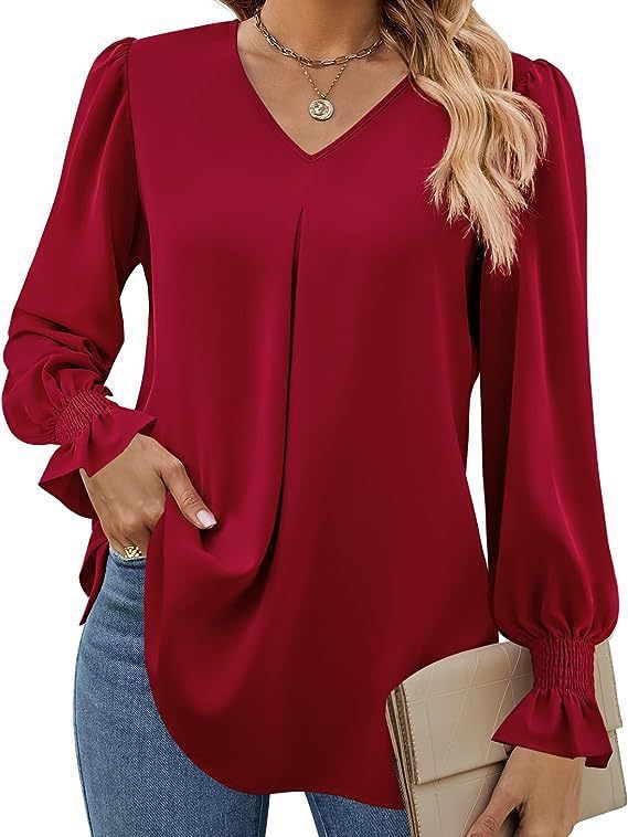 Dame Elegant Bluse med V-udskæring og Pufærmer Stilla