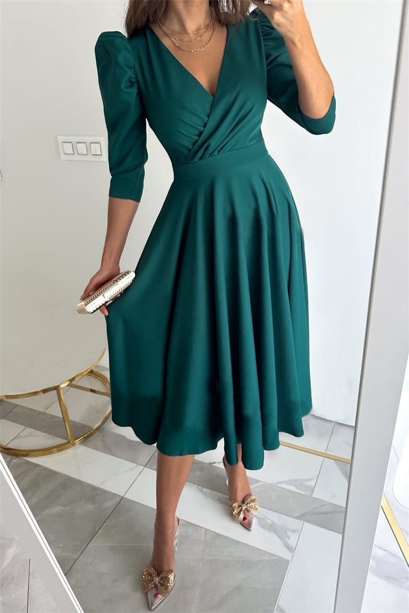 Dame Elegant Midikjole med Puffærmer Stilla
