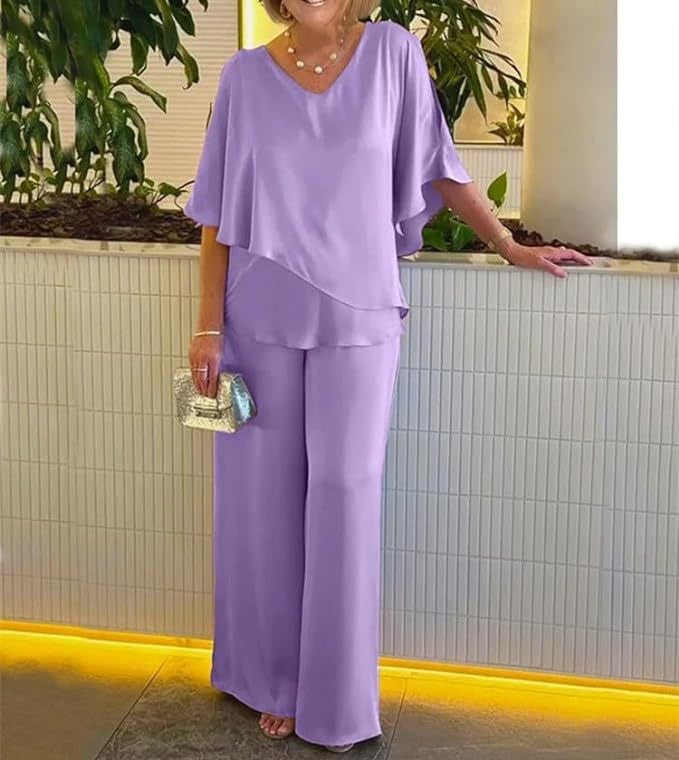 Dame elegant kombination af flydende overdel og vide buksedesign Stilla