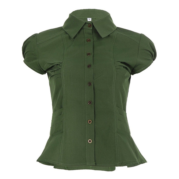 Dame elegant bluse med puffærmer og taljering Skovae