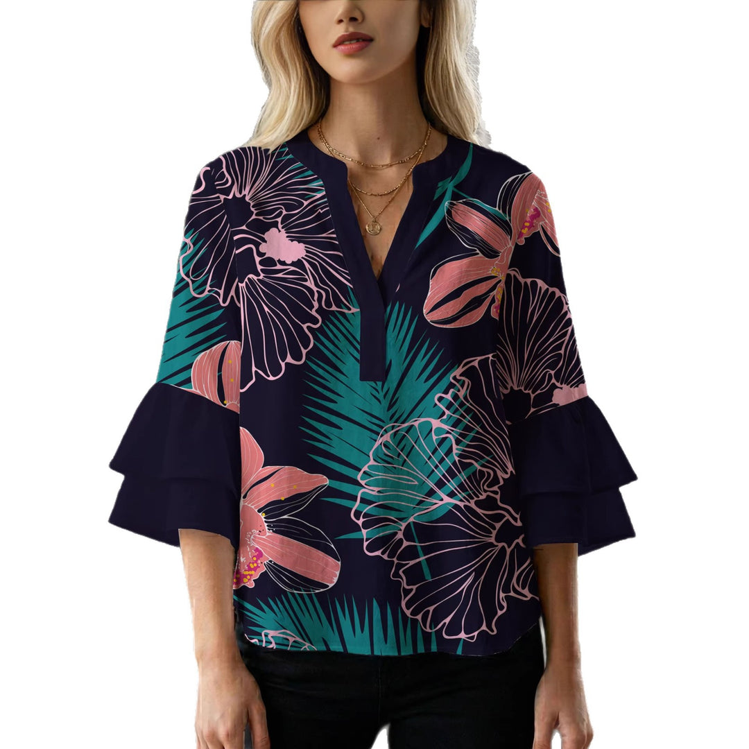 Damebluse med voluminøse rynkede ærmer og blomstertryk Skovae
