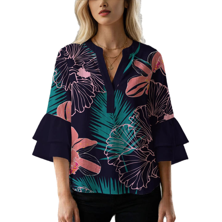 Damebluse med voluminøse rynkede ærmer og blomstertryk Skovae