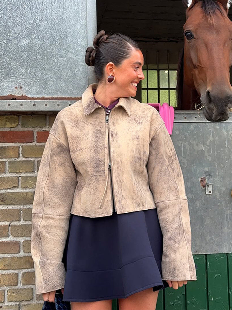Dame mode suede jakke med voluminøse ærmer Stilla