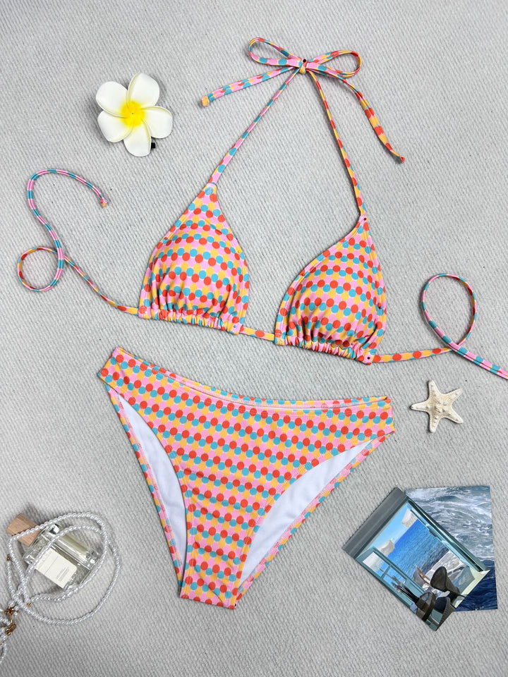 Dame triangel-bikini med farverigt punktedesign og justerbare bånd Skovae
