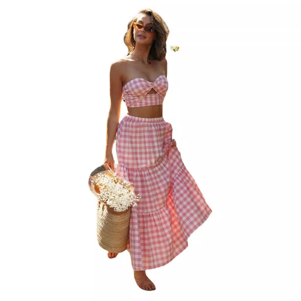 Ladies to-delt gingham stil sæt med crop top og voluminøs nederdel Stilla