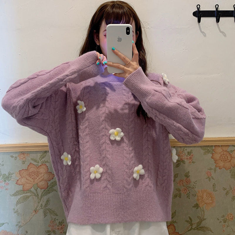 Dame Fashionable Chunky Strik Sweater med Blomsterapplikationer Stilla