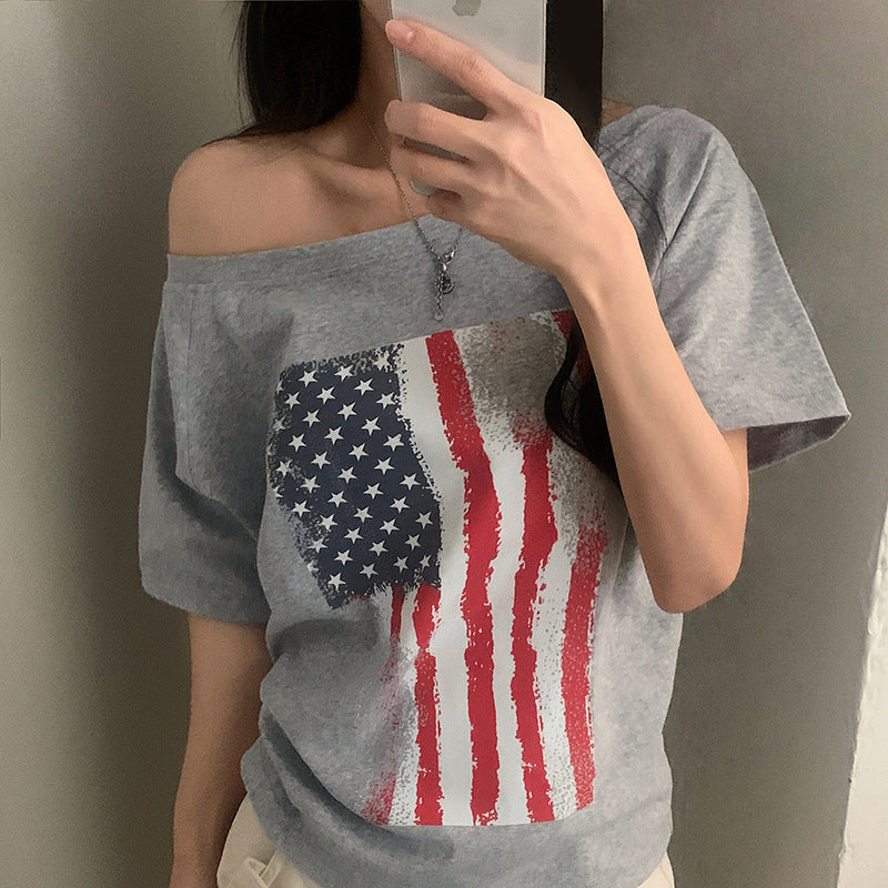 Dame afslappet T-shirt med amerikansk flag-design og blødt bomuldsmateriale Skovae