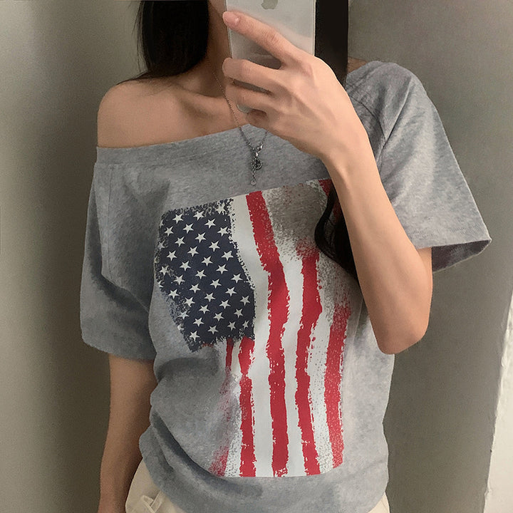 Dame afslappet T-shirt med amerikansk flag-design og blødt bomuldsmateriale Skovae