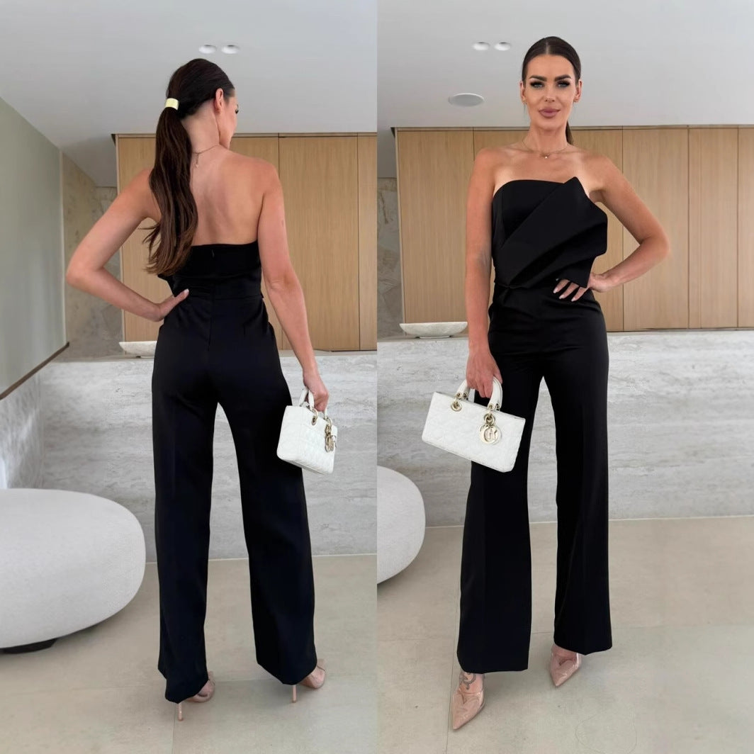 Dame elegant jumpsuit med asymmetrisk overdel og bred ben Stilla