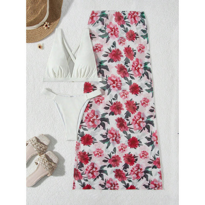Dame bikini sæt med elegant blomster sarong og ryg-løs pasform Stilla