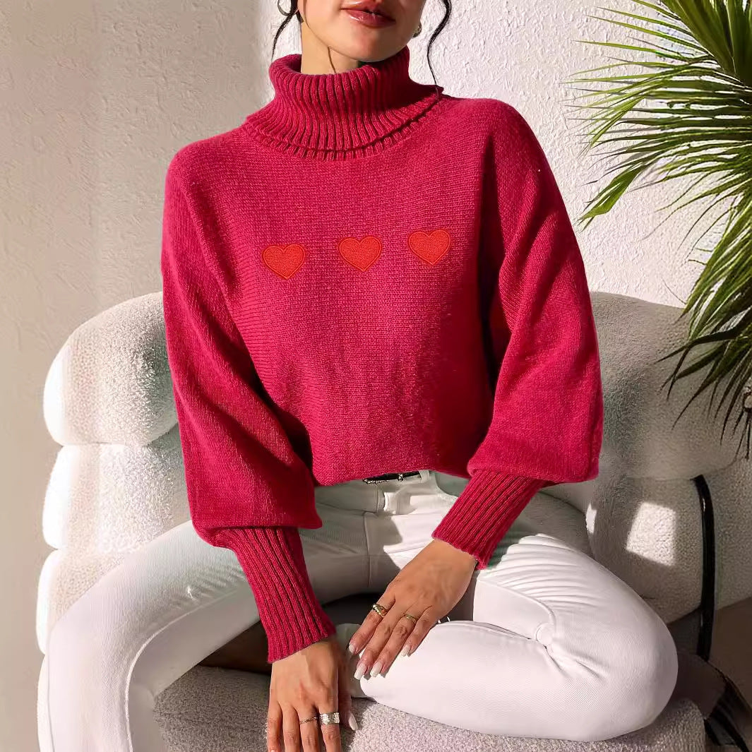 Dame Oversized Strikpullover med Rullekrave og Hjertemotiv Stilla