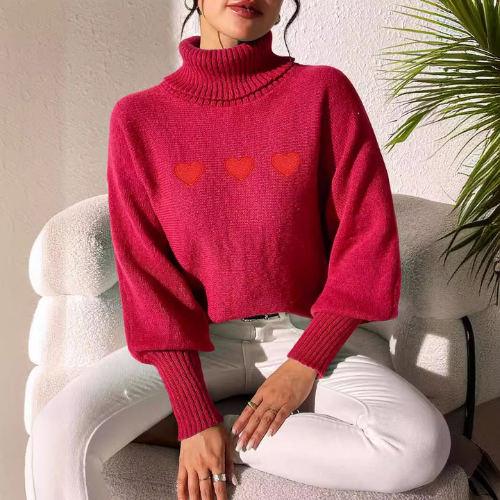 Dame Oversized Strikpullover med Rullekrave og Hjertemotiv Stilla