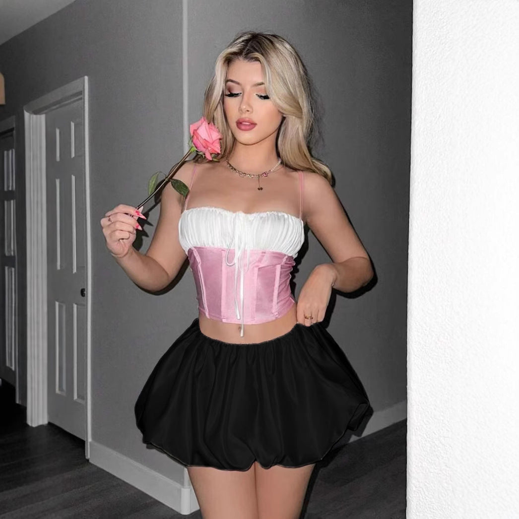 Dame romantisk Crop-Top med volanter og let udstillet nederdel Skovae