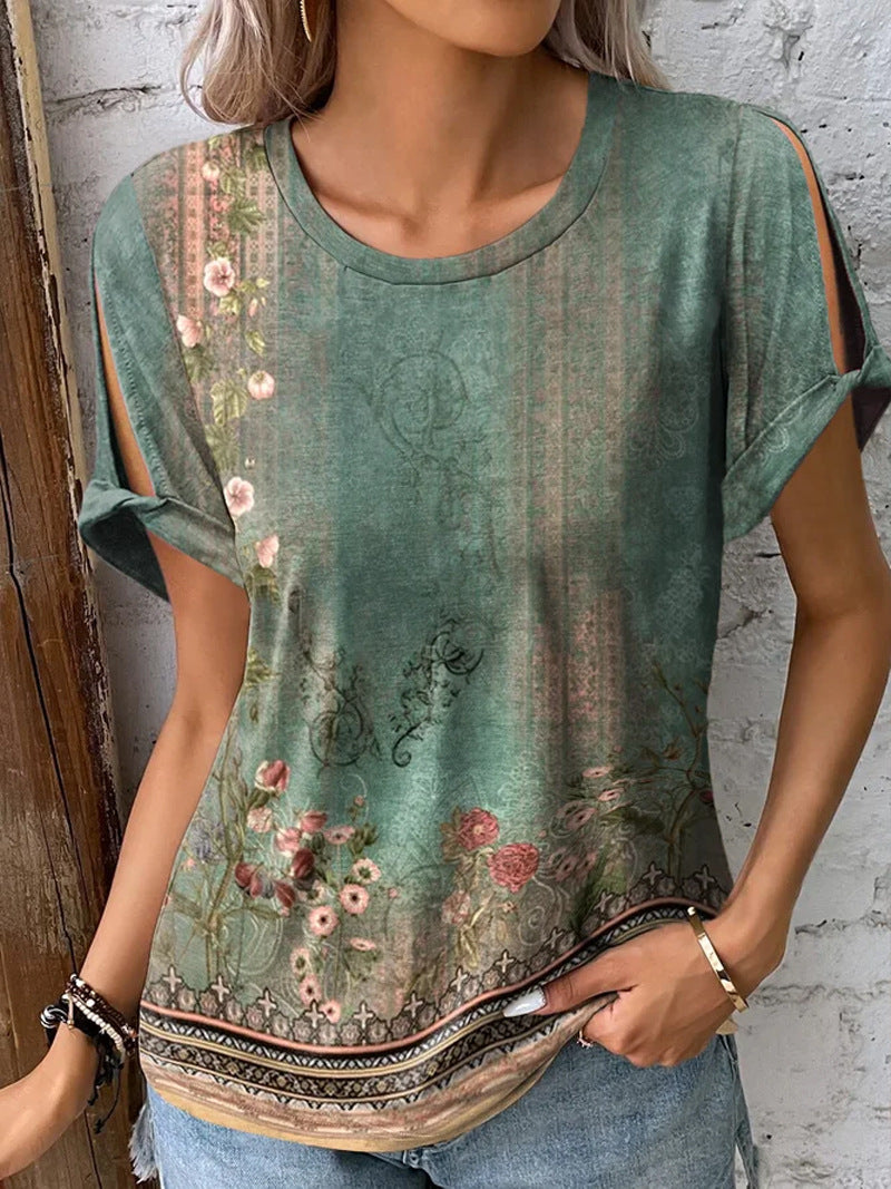 Dame floral oversized T-shirt med cut-out ærmer Skovae