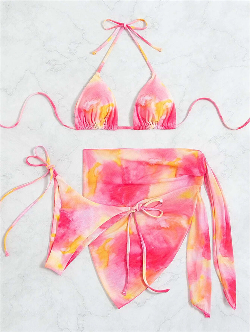 Dame triangel-bikini-sæt med blomsterprint indpakningsskørt og justerbare stropper Skovae
