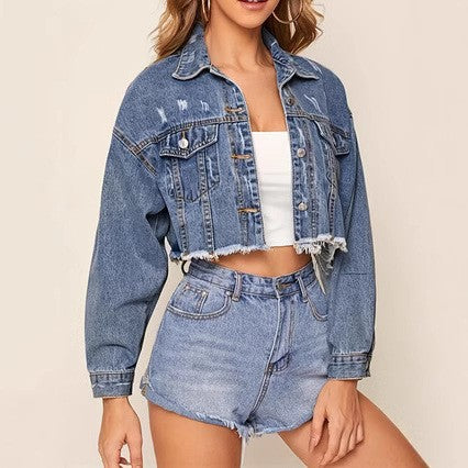 Damer cropped Jeansjakke i afslappet vintage-stil med frynser Stilla
