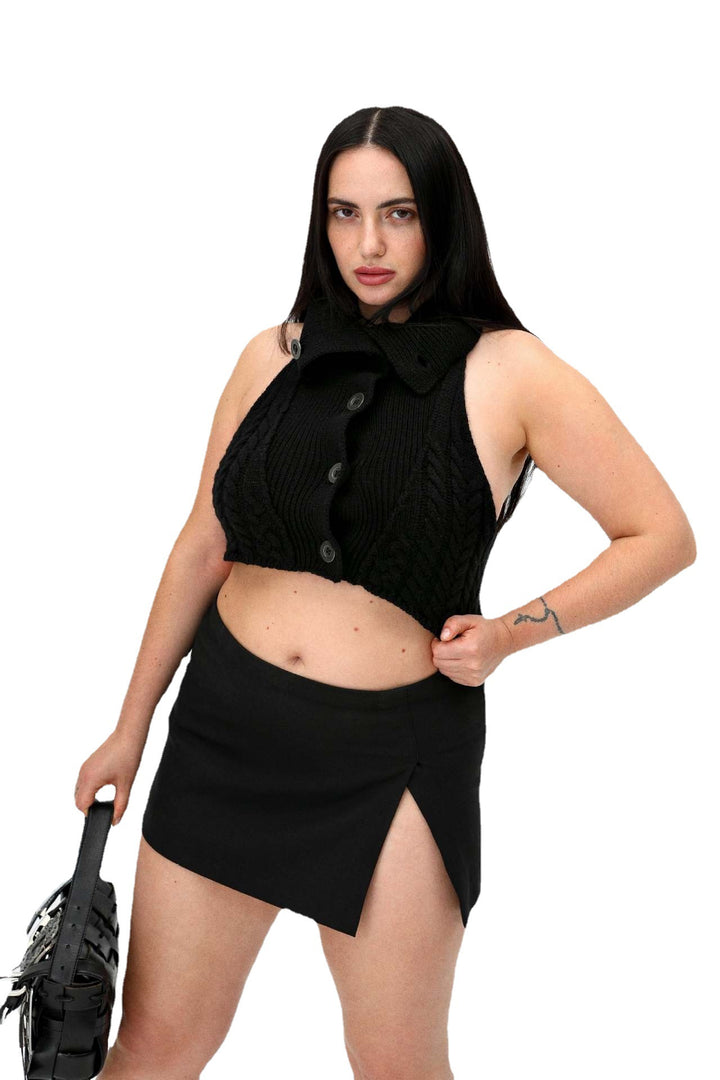 Dame hæklede Crop-top med høj hals og knaplukning Skovae