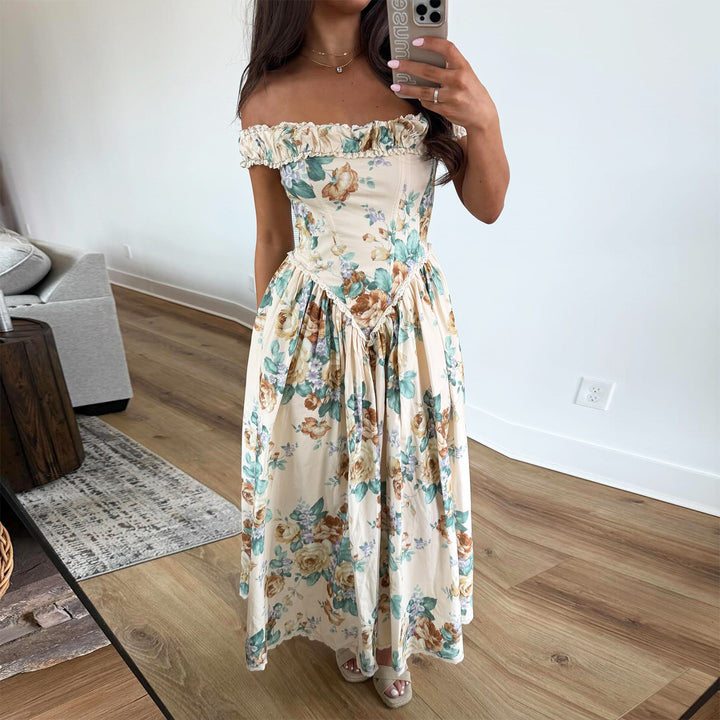 Kvinder Off-Shoulder Maxi Kjole med Blomsteraccenter og Samlet Top