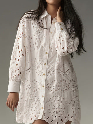 Femme Eyelet Detail Knap-Up Tunika Skjorte Stilla