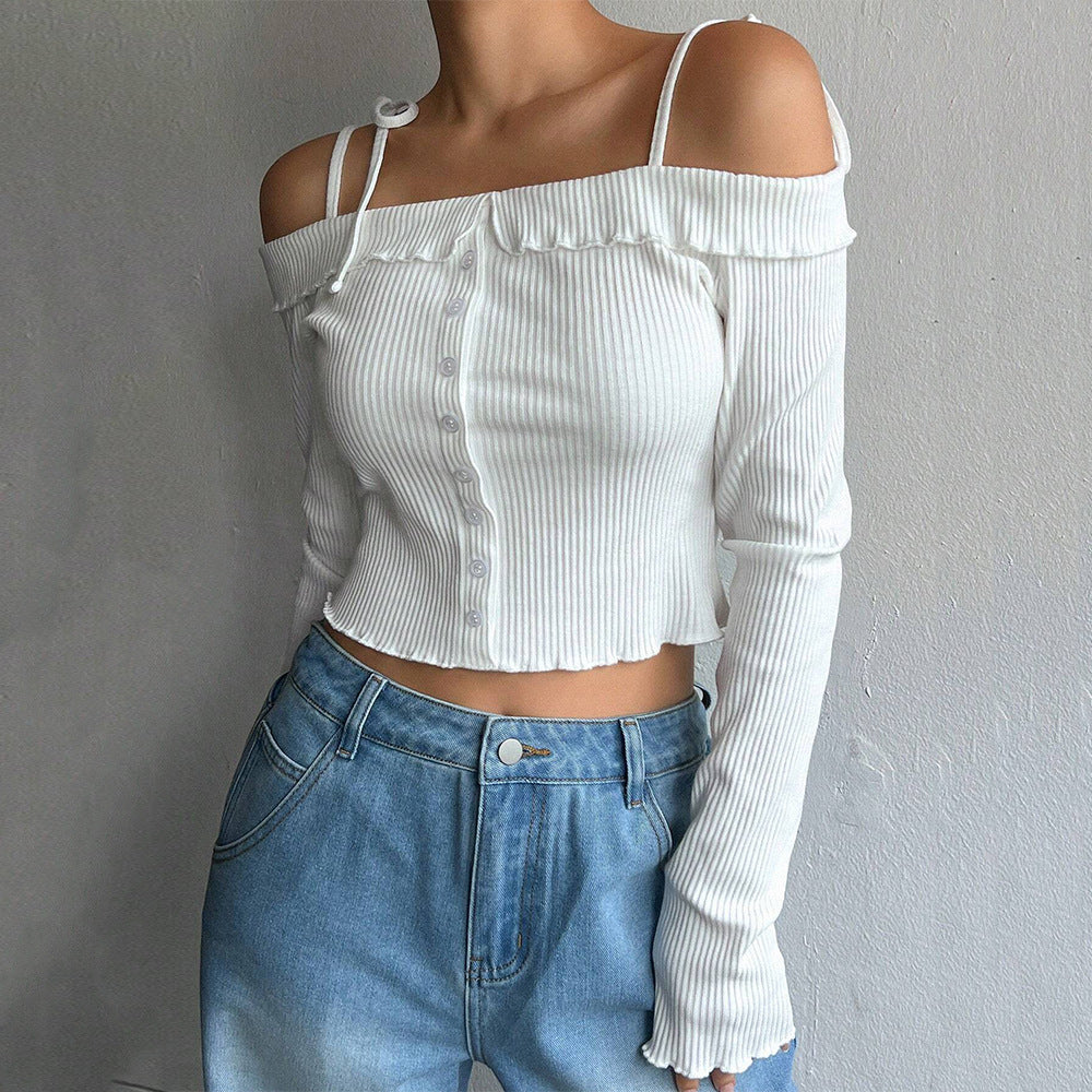 Kvinder cropped top med off-shoulder design og flæse detaljer Stilla