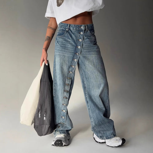 Kvinders bredskårne jeans med en continuér knapstolpe Stilla