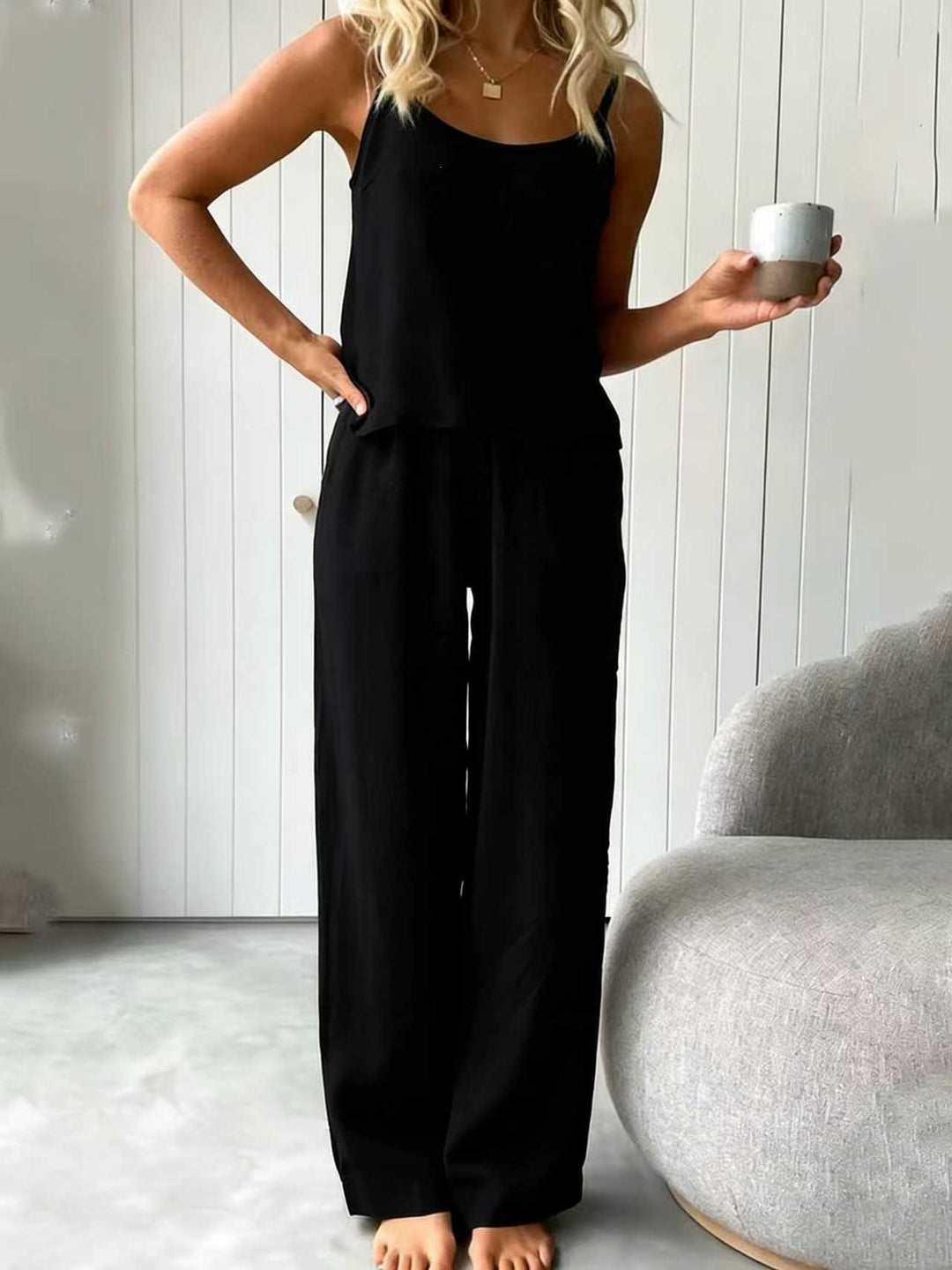 Dame casual linned sæt med top og brede bukser Skovae