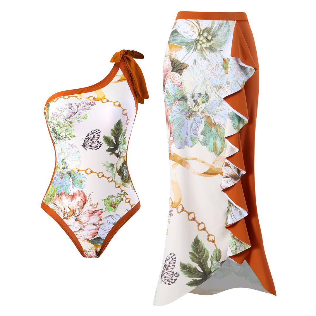 Dame et-stykke badedragt og maxi-nederdel-sæt med blomsterdesign og asymmetrisk snit Stilla