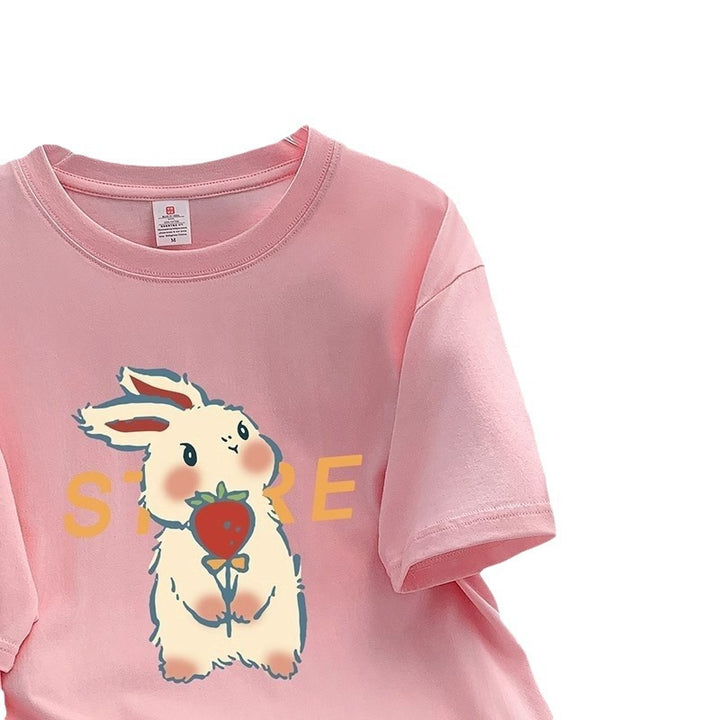 Dame T-shirt med glad tegneserie-kaninmotiv og kreativ tekst Stilla