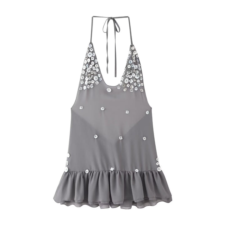 Femme Halter Neck Beaded Flounced Mini Dress Stilla