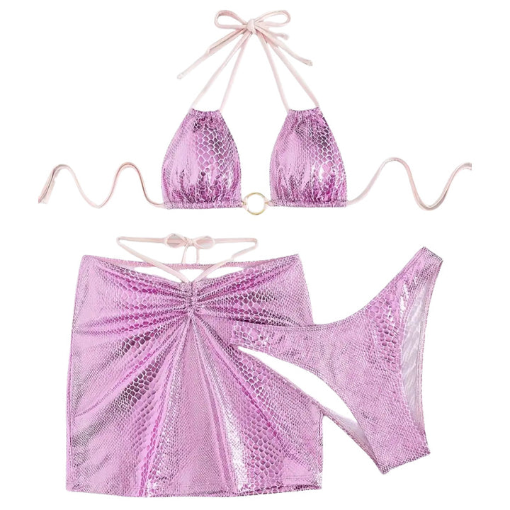 Dame Triangel-Bikini-Sæt med skinnende slangeprint og elegant nederdel Stilla