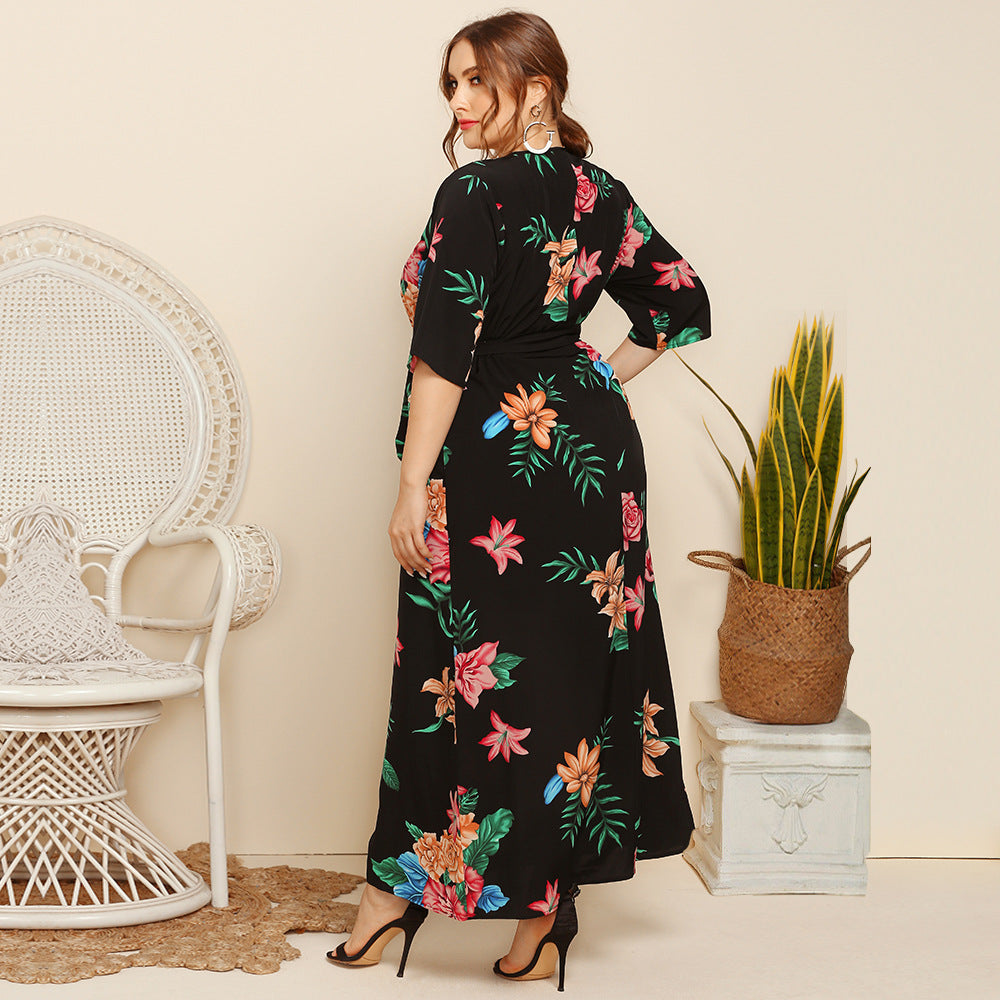 Dame Maxikjole med blomstret design og taljebælte Stilla