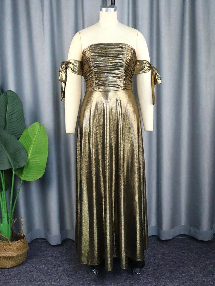 Dame Elegant maxikjole med ruched overdel og skinnende ærmer Skovae