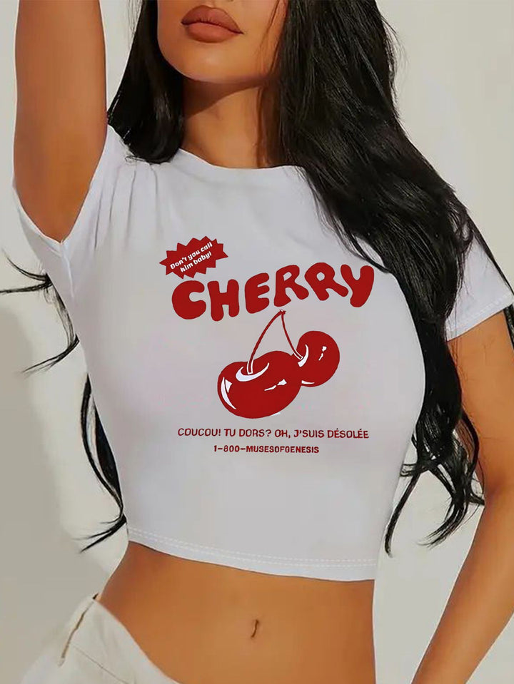 Dame Crop-T-Shirt med animalistisk læbe motiv og iøjnefaldende skrift Skovae