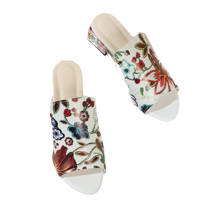 Dame Riemchen-Mules med blomsterdesign og komfortabel blokhæl Stilla