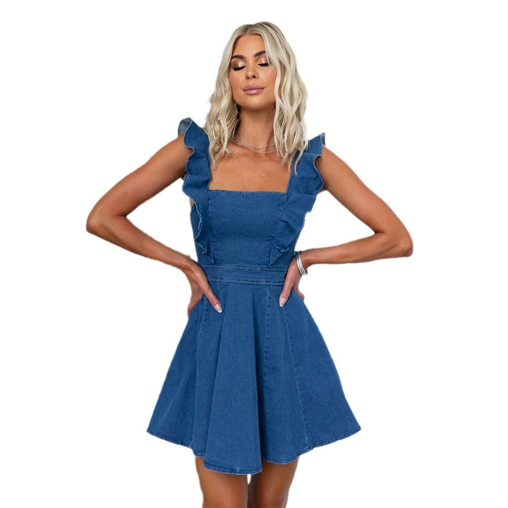 Dame trendy jeanskjole med flæsedetaljer Stilla