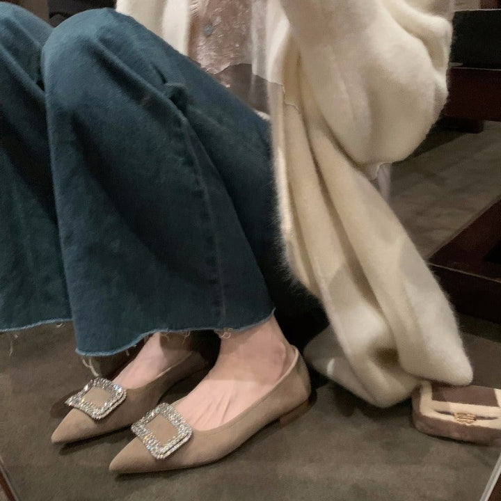 Dame Elegant Spids-Tå Ballerinaer med Krystal-Detalje Stilla