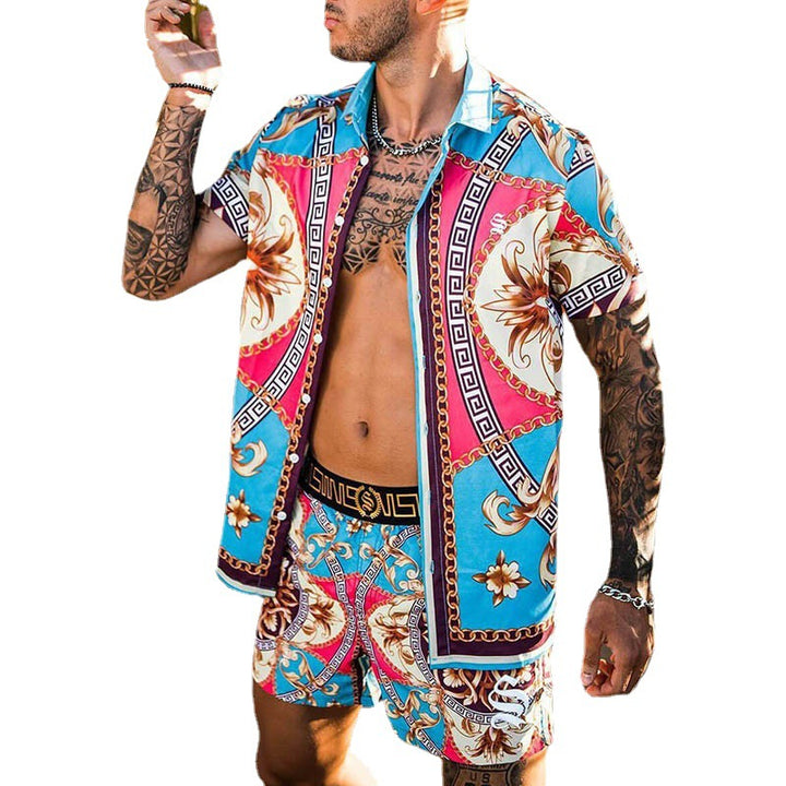 Mænd Livligt Tropemønster Korte Ærmer Shirt og Matching Badebukser Sæt Stilla