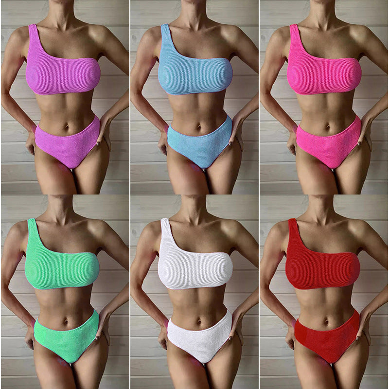 Femme Ribbetrik En-skulder Bikini Sæt Stilla