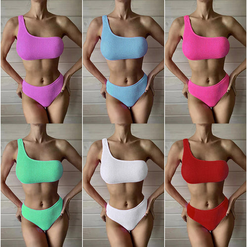 Femme Ribbetrik En-skulder Bikini Sæt Stilla