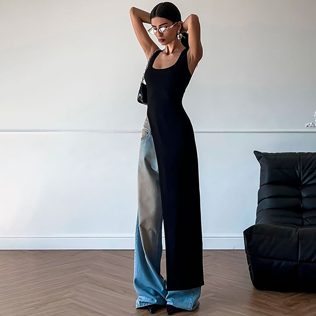 Dame Elegant Maxi-kjole med asymmetrisk jeansdesign Stilla