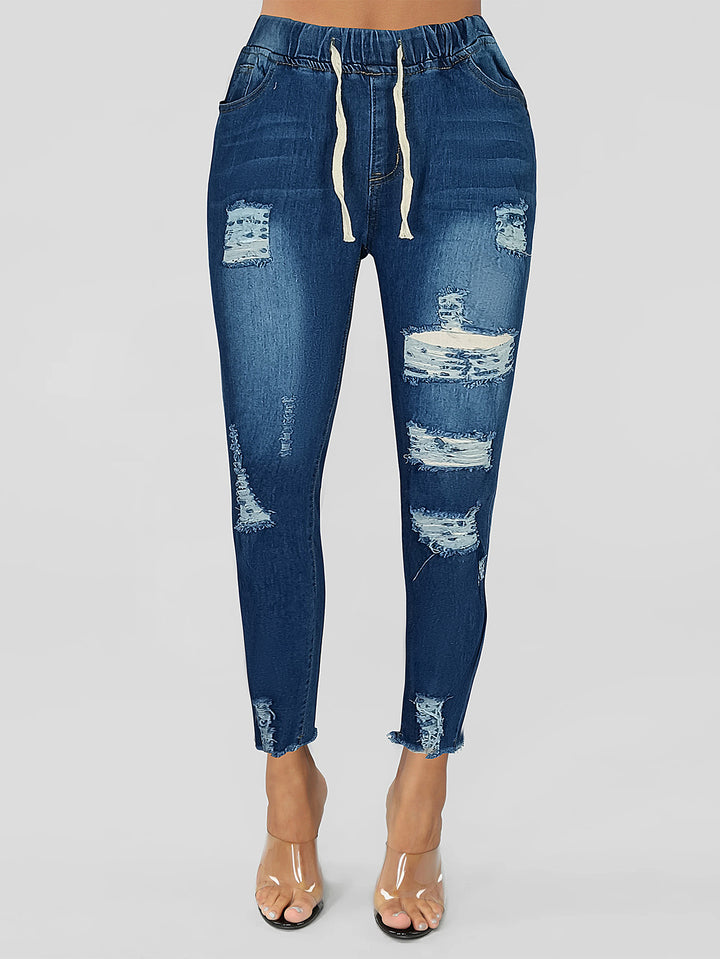 Dame fashionable destroyed jeans med komfortabelt gummibånd og afslappet snit Stilla