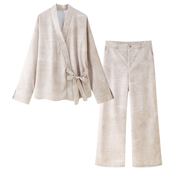 Femme Elegante Wrap Blouse og Wide Pants Sæt Stilla