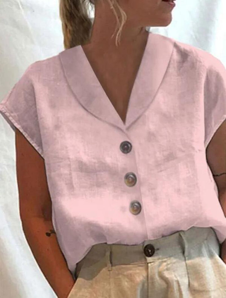 Dame let linned top med elegant knaplukning Stilla