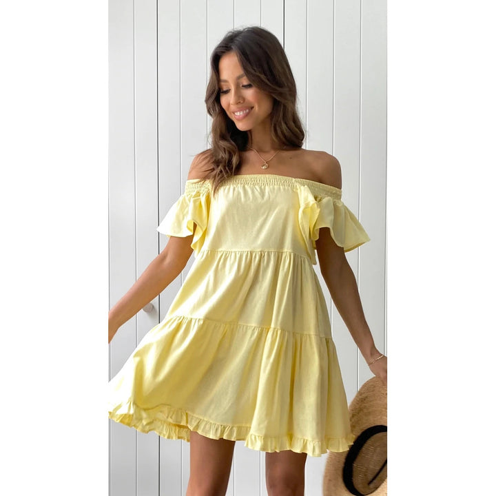 Ladies Off-Shoulder Casual Dress with Ruffle Details Skovae