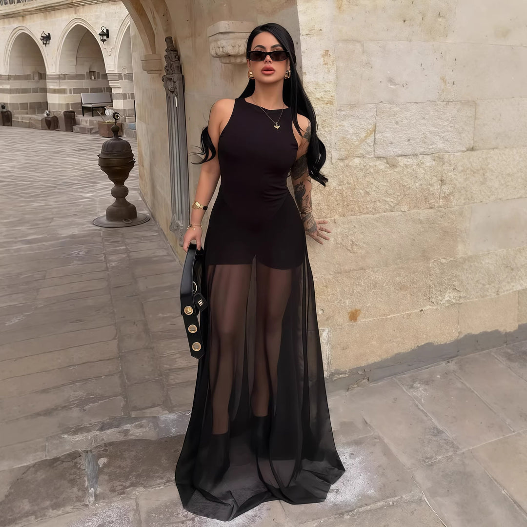 Damer Elegant Maxi-kjole med transparent chiffon-overlag og tætsiddende inderkjole Skovae