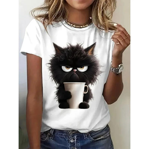 Dame T-shirt med kreativ katteinspireret grafiktryk Stilla