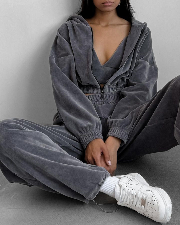 Kvinders Sporty Fleece Sæt med Lynlås og Elastisk Talje Skovae