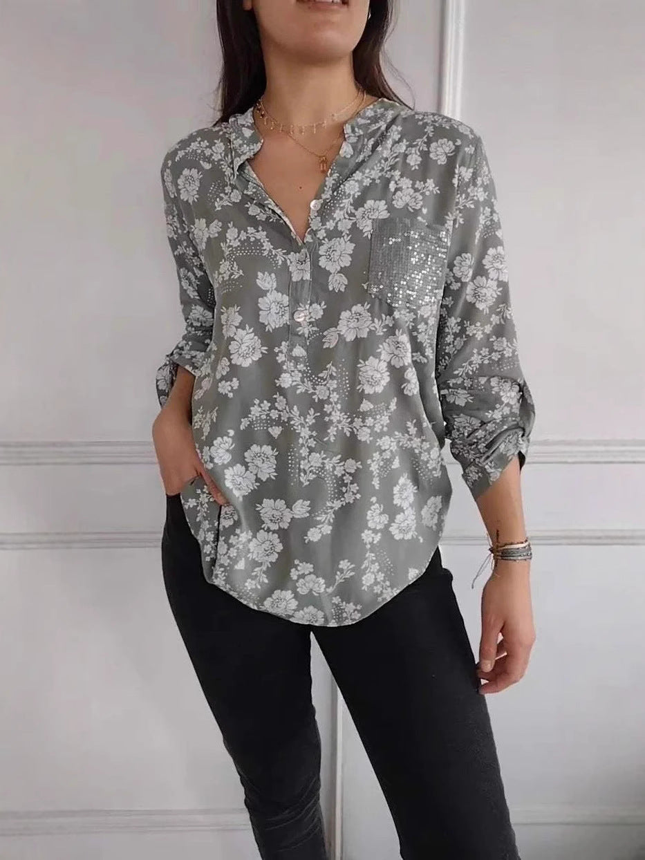 Dame blouse top med blomstermønster og glitrende pailletter Stilla