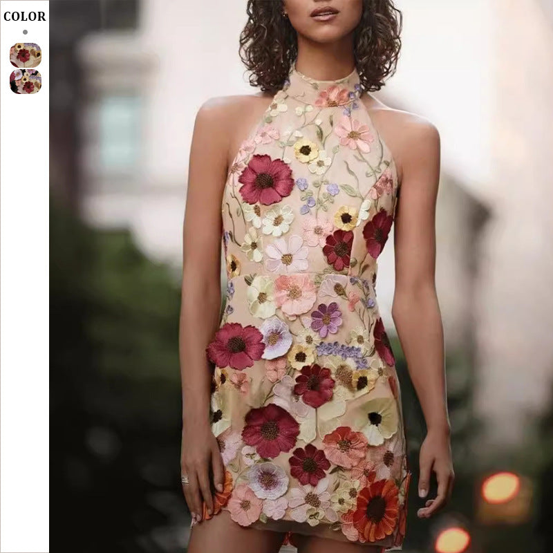 Dame Blomsterapplikation Mini Kjole med højtstående Hals Stilla